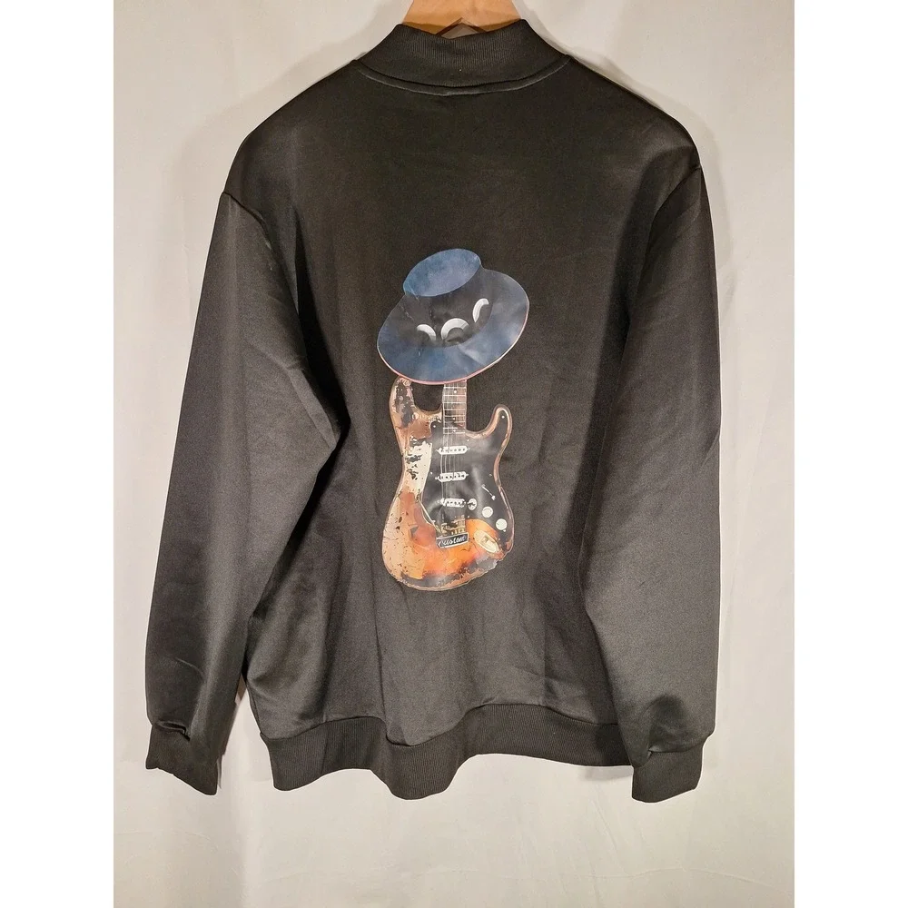 Black Bomber Jacket Guitar with Hat Graphic Print Mens XL Full Zip Streetwear